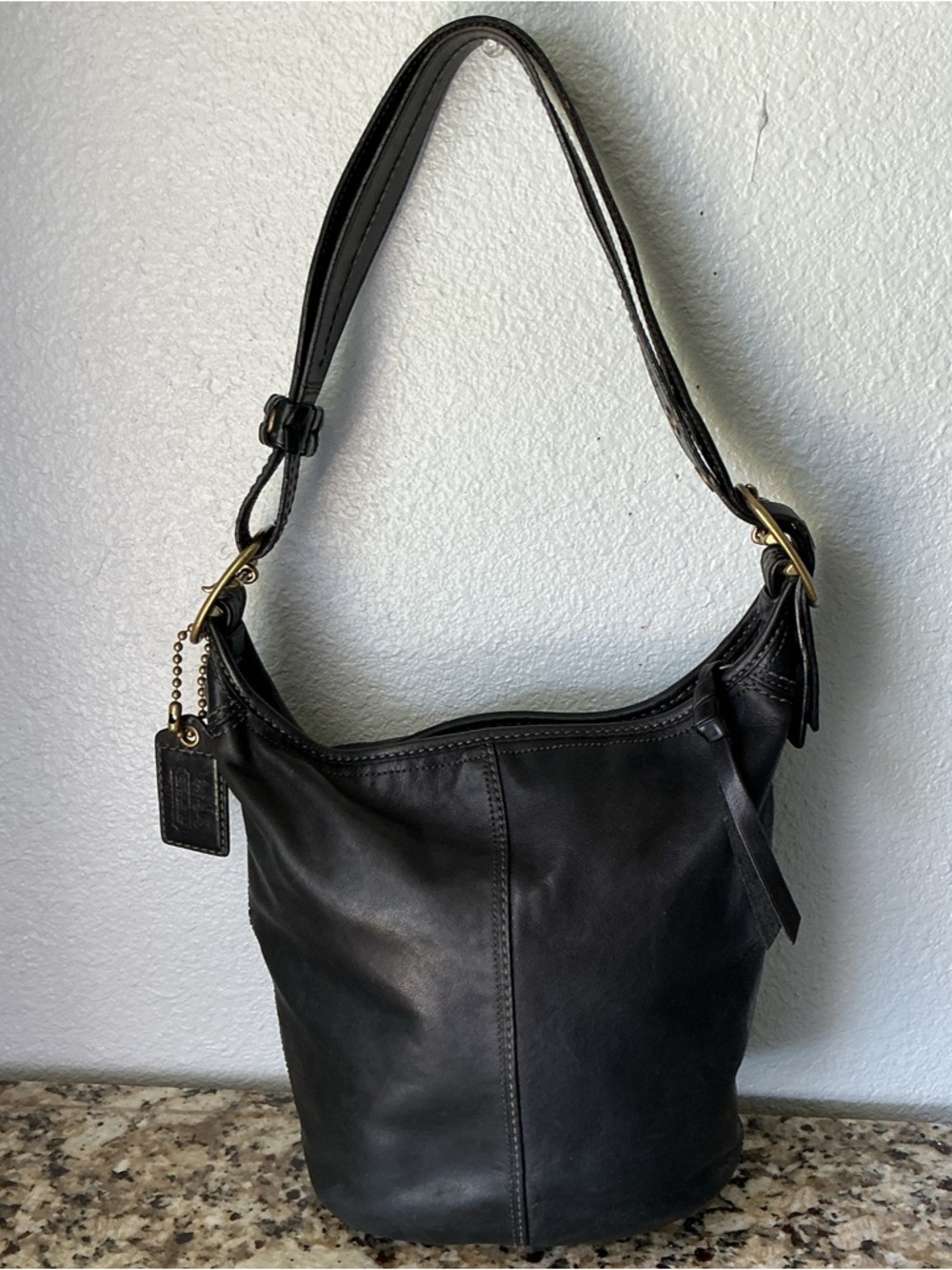 SOLD-Coach Black Bleecker Tattersall Duffle Bucket Bag